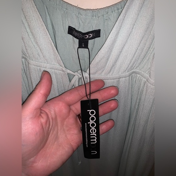 Papermoon Sage Mint Light Green Deep V Neck Plunging Boho Tiered Maxi Dress L - Picture 7 of 12